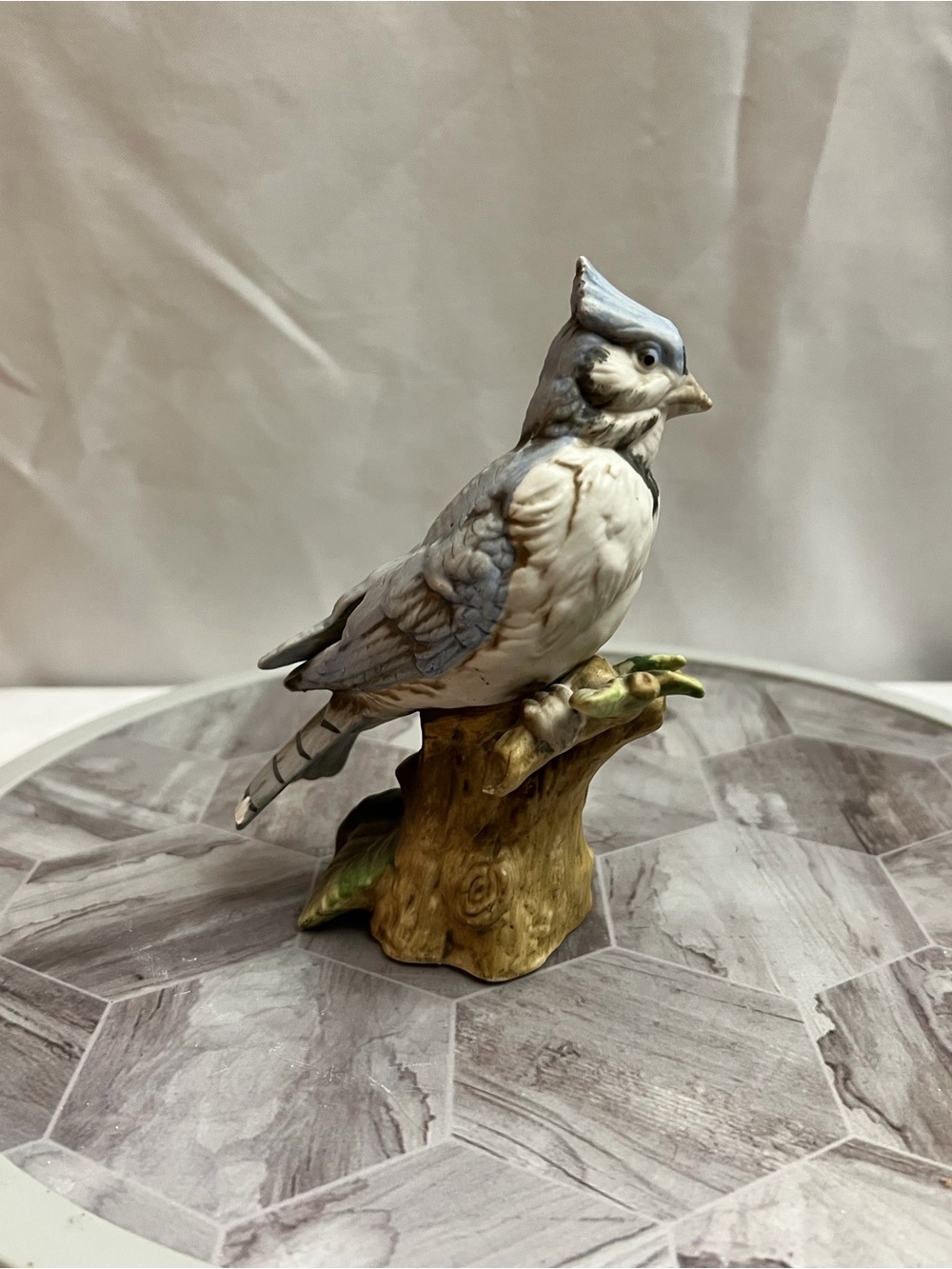 Vintage Blue Jay Bird Porcelain Figurine on Branch With Flower 5”